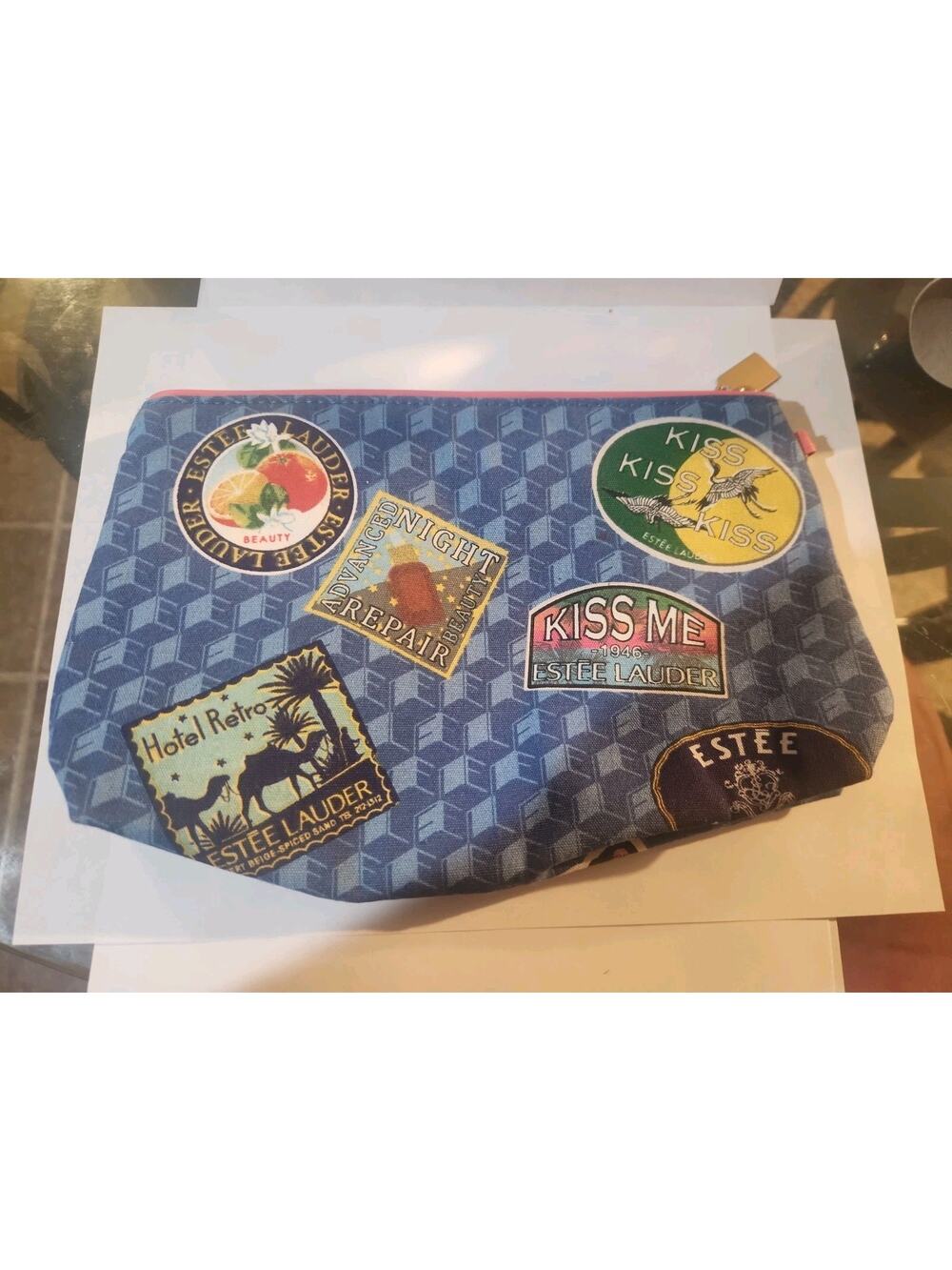 Estee Lauder 2021 Blue Multicolored Travel Themed Cosmetics Makeup Bag